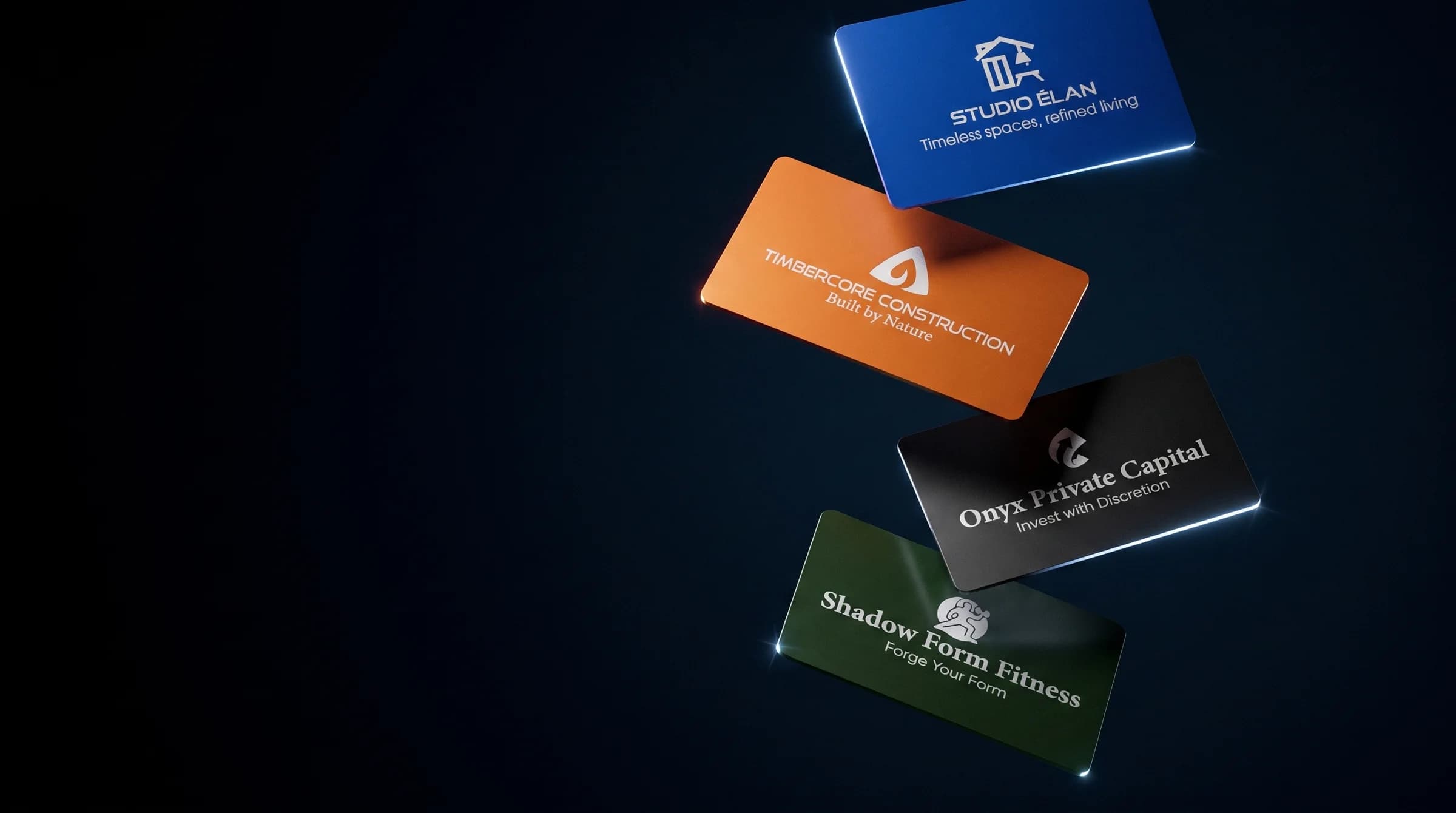 Four Vantage anodized aluminum cards — blue, orange, black, and green — floating over darkness