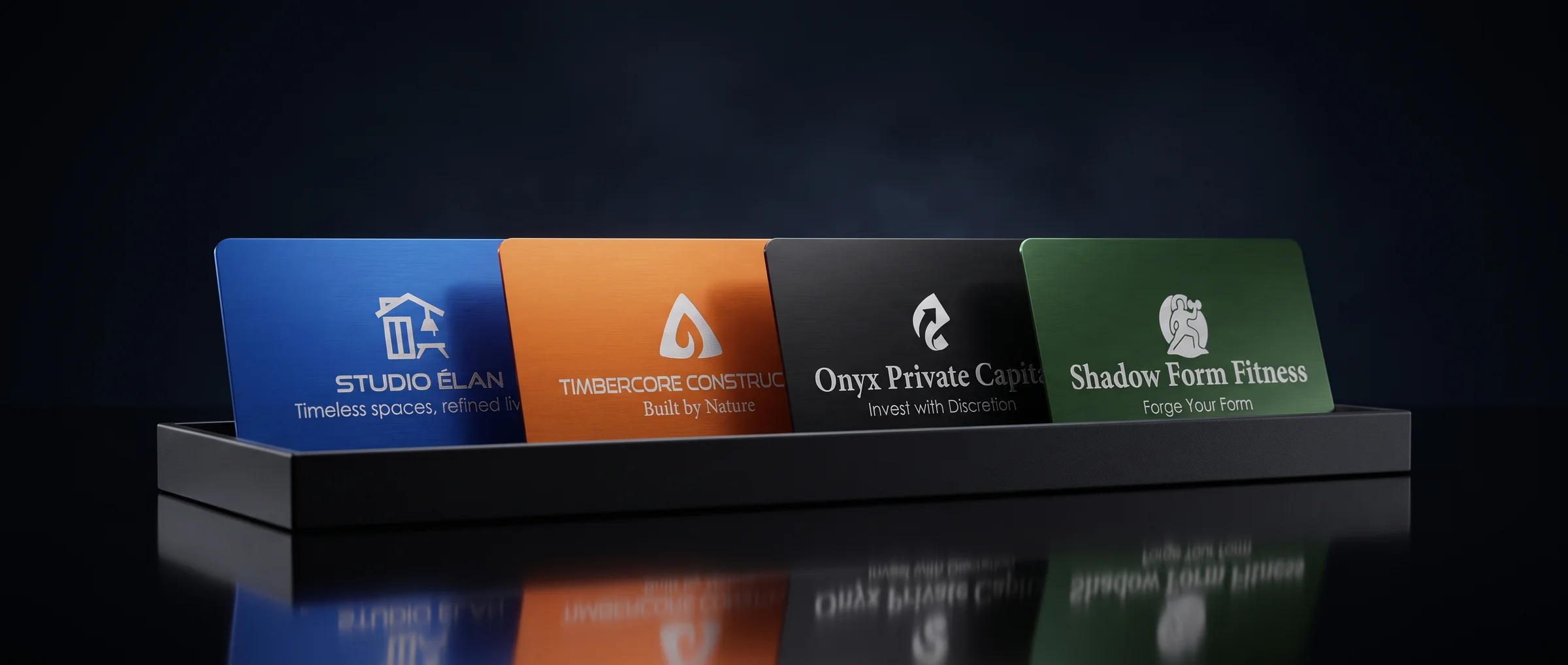 Vantage anodized cards standing in a dark display tray
