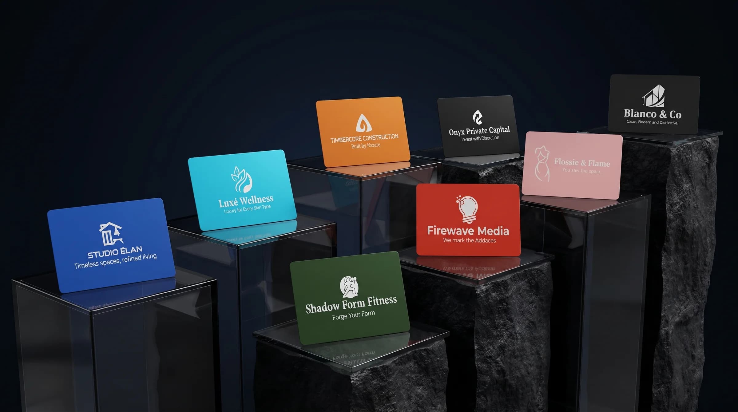 The eight anodized finishes lined up to choose from