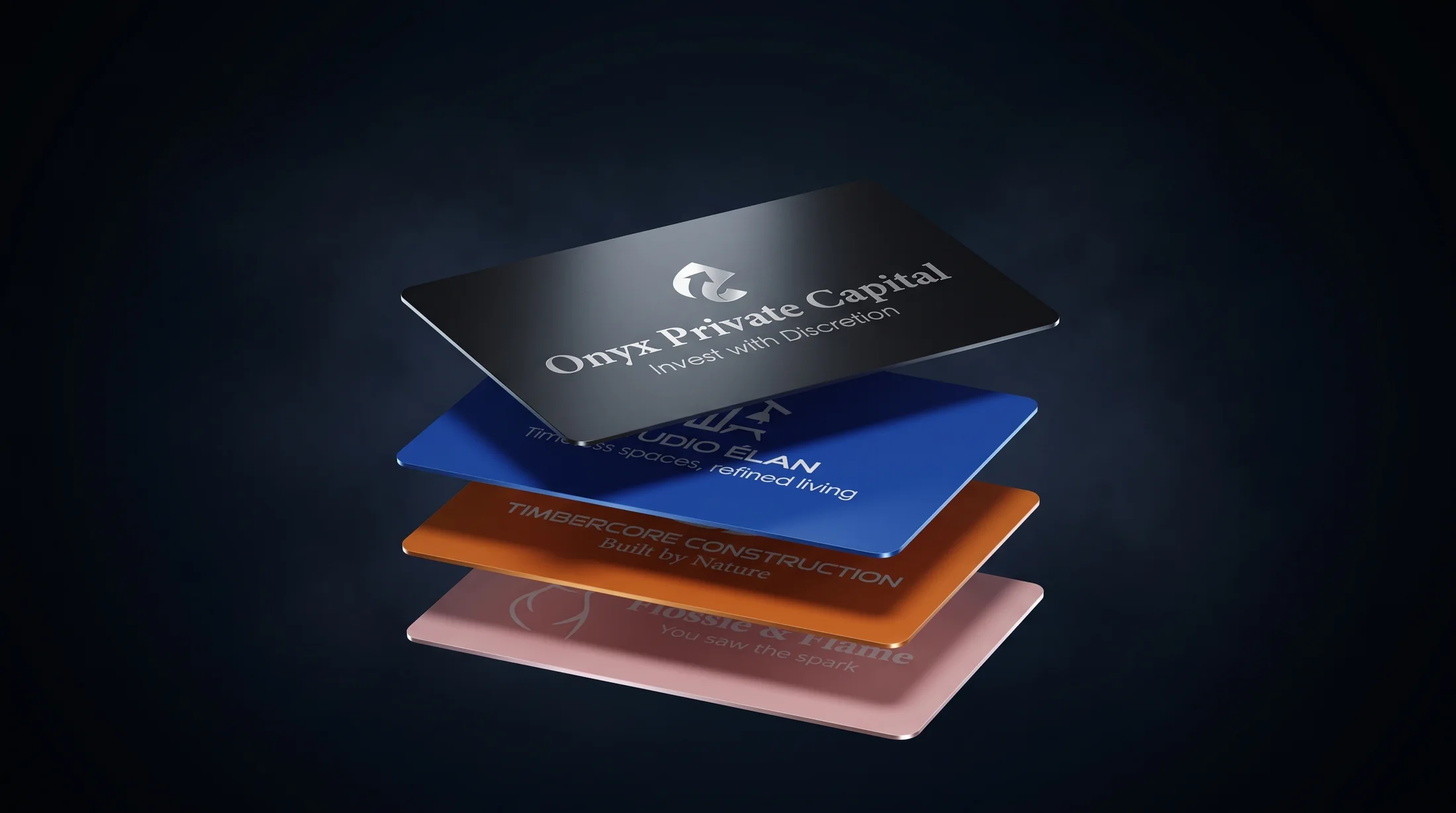 Four Vantage anodized cards floating in a layered stack — black, blue, orange, and pink